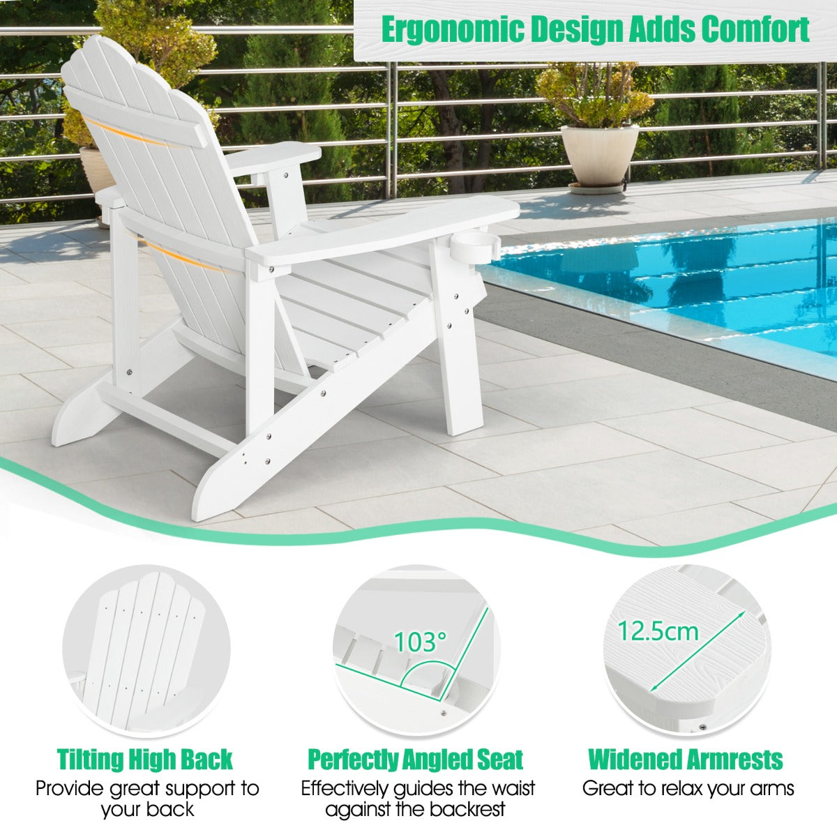 NNECW Adirondack Chair with Cup Holder for Patio-White