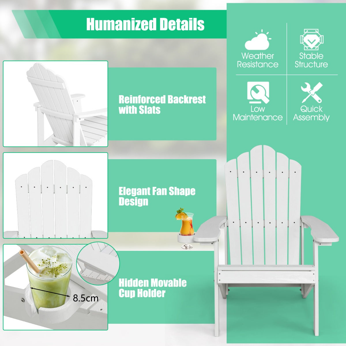 NNECW Adirondack Chair with Cup Holder for Patio-White