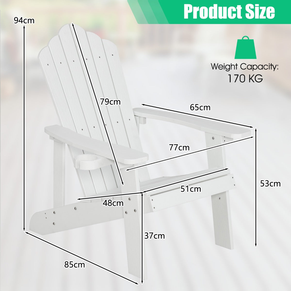 NNECW Adirondack Chair with Cup Holder for Patio-White