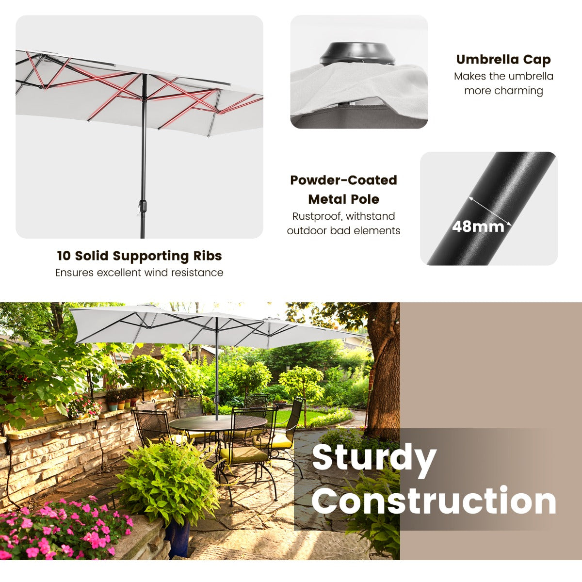 NNECW Double-Sized Patio Umbrella with Crank Handle for Poolside-Beige