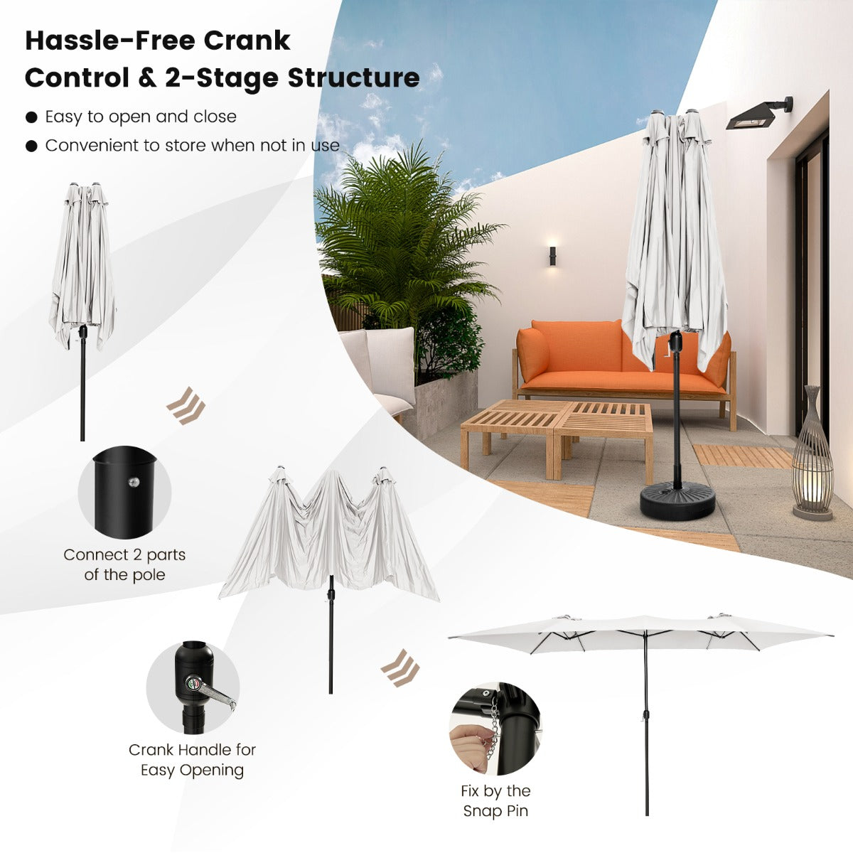 NNECW Double-Sized Patio Umbrella with Crank Handle for Poolside-Beige