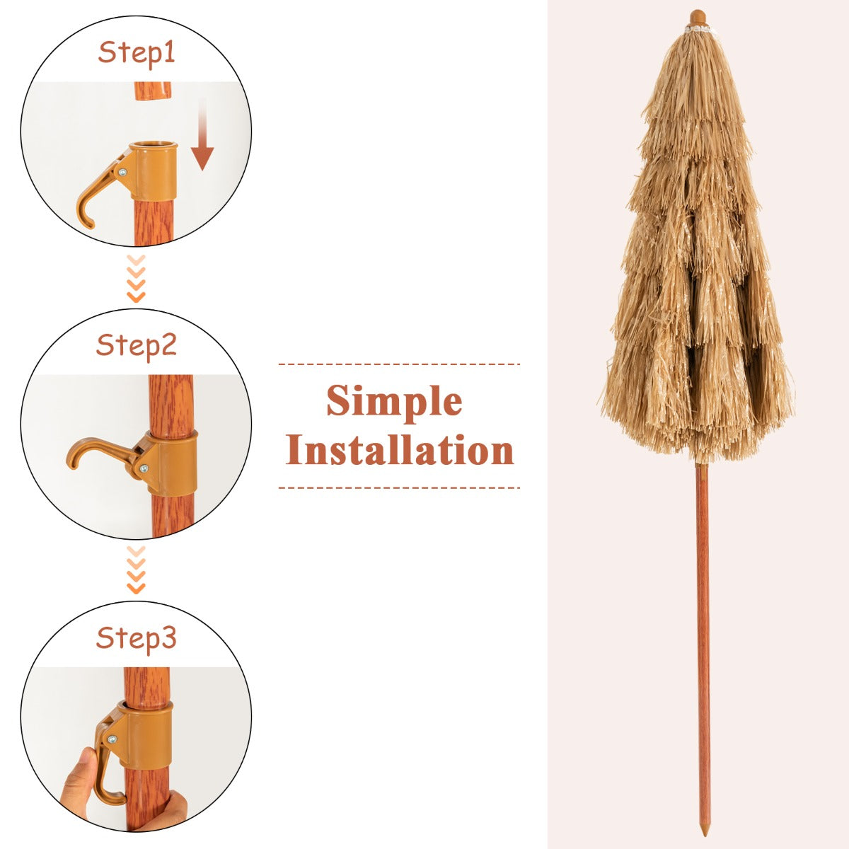 NNECW 2m Thatch Umbrella Tilting Outdoor Beach Patio Sun Shelter Parasol
