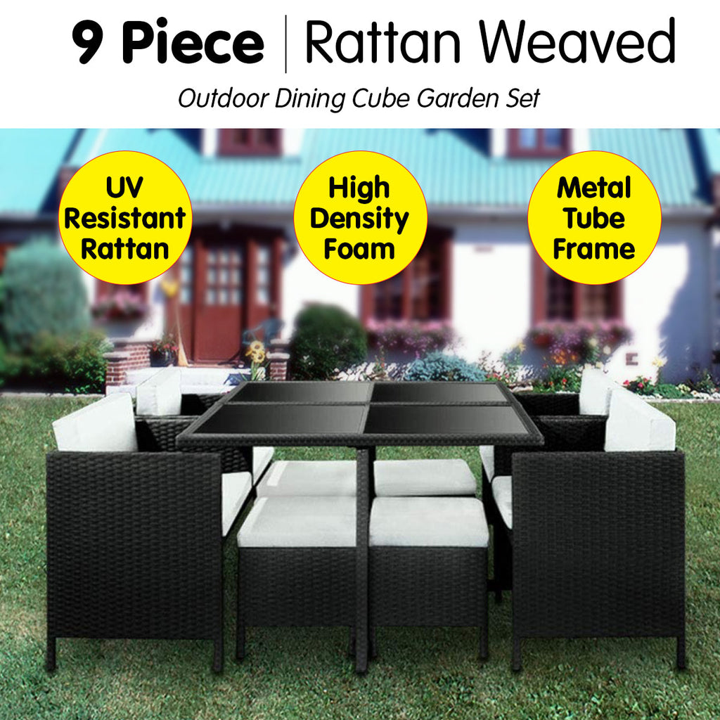 NNEDPE 9 Piece PE Rattan Garden Patio Outdoor Dining Set Black