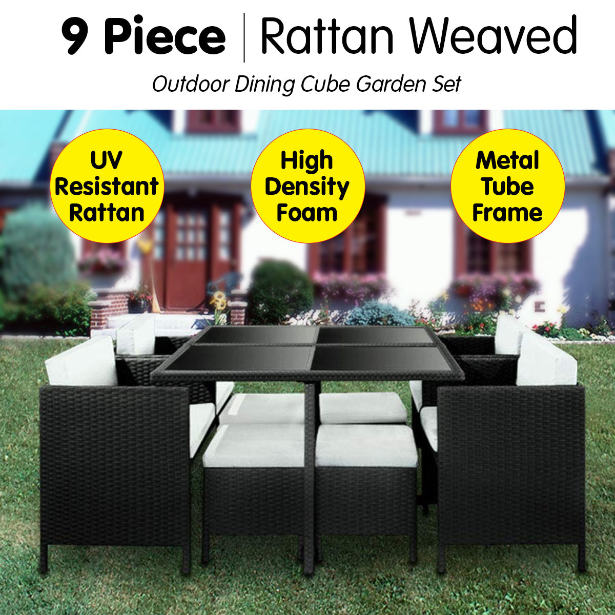 NNEDPE 9 Piece PE Rattan Garden Patio Outdoor Dining Set Black