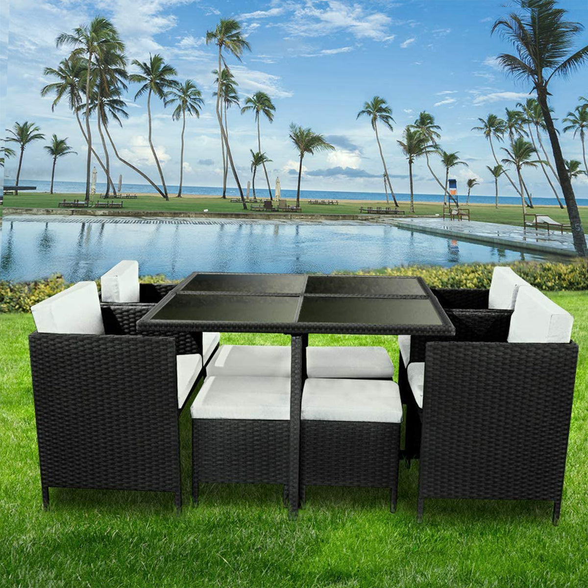 NNEDPE 9 Piece PE Rattan Garden Patio Outdoor Dining Set Black